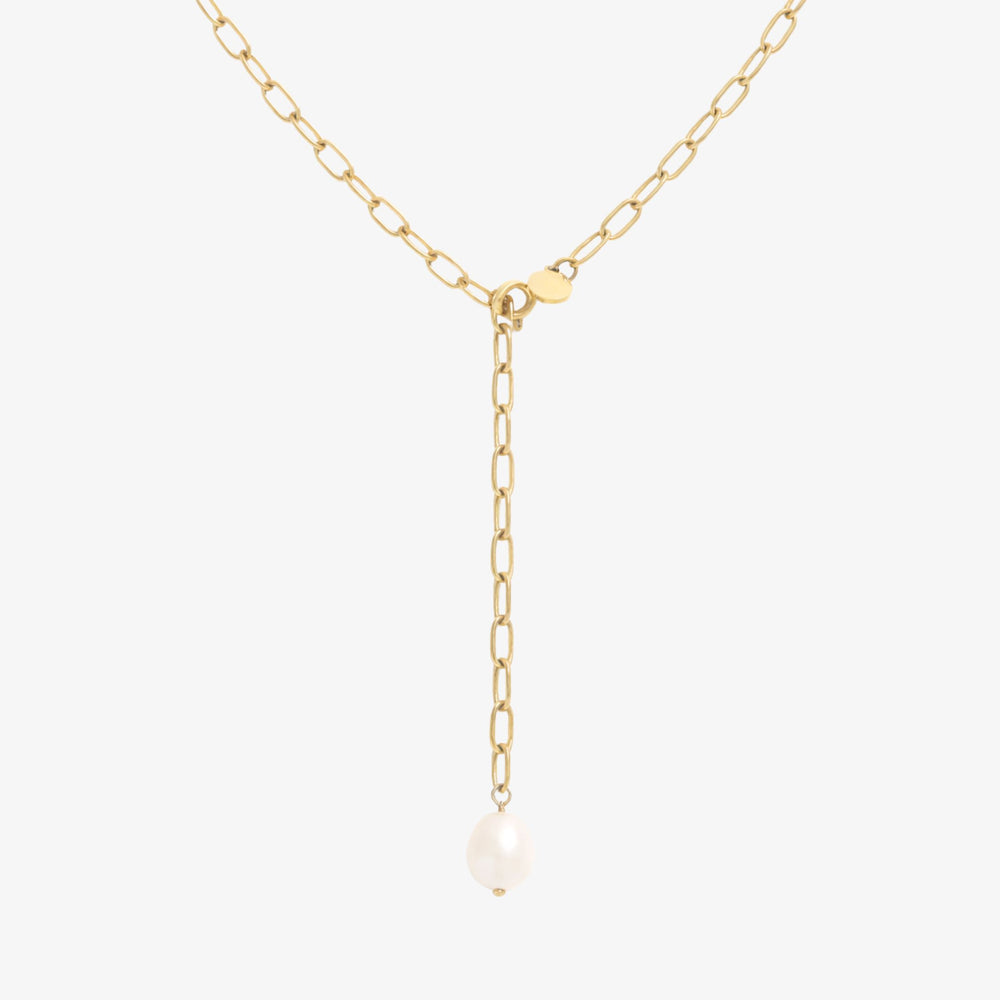 Perle Paperclip Halskæde i 18K guldbelagt rustfrit stål.
