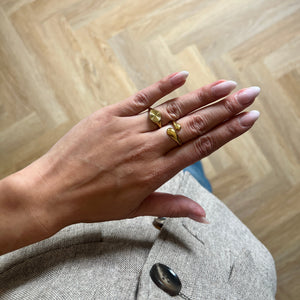 Model bærer Sun Rund Ring i 18K guldbelagt rustfrit stål.